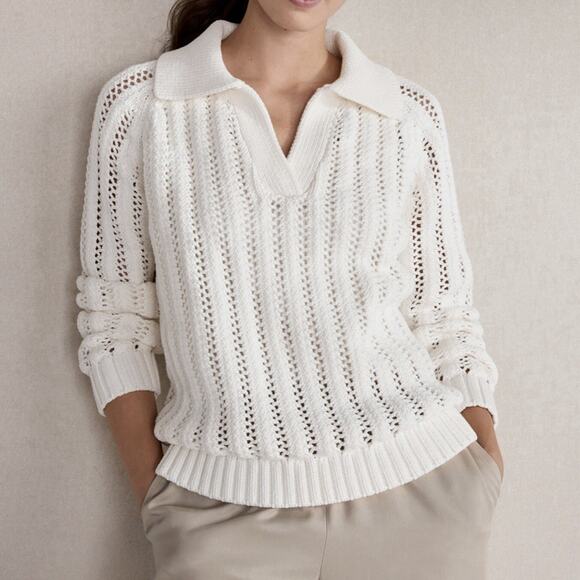 Haven Well Within Open Stitch Johnny Collar Cotton Blend Knit Sweater White - Picture 1 of 13